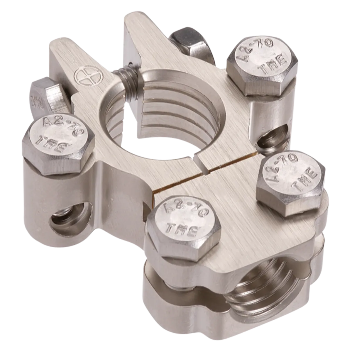 Projecta Satin Forged Brass Battery Terminal Heavy Duty Saddle Dual Auxiliary Positive 50-70mm² Main 5-15mm² Auxiliary