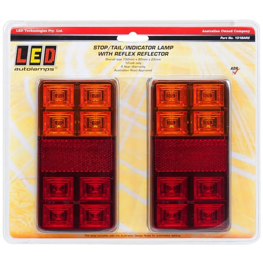 Pair of LED Combination Lamp 12V Stop/Tail/Indicator & Reflector 150x80x22mm