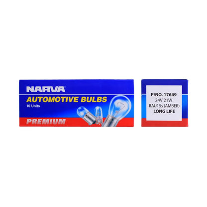 Narva 24V 21W Amber PY21W BAU15S Premium Incandescent Globe Box Of 10