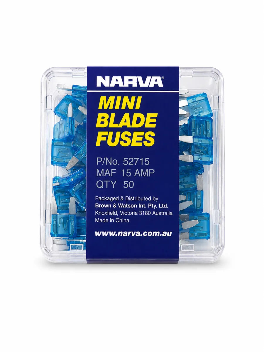 Narva 15A Blue Mini Blade Fuse Box Of 50