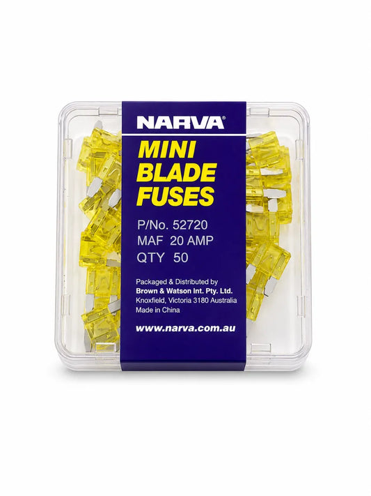 Narva 20A Yellow Mini Blade Fuse Box Of 50
