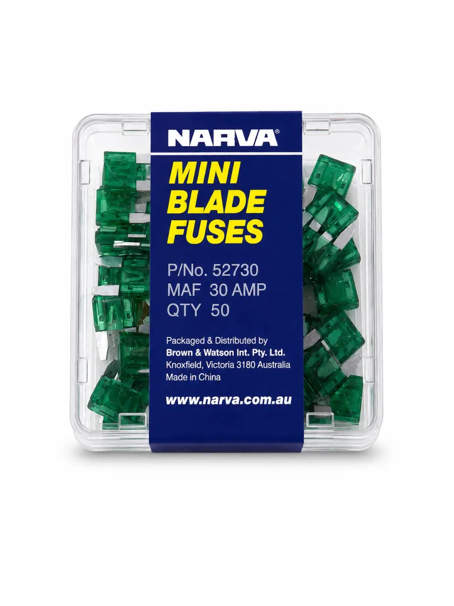 Narva 30A Green Mini Blade Fuse Box Of 50