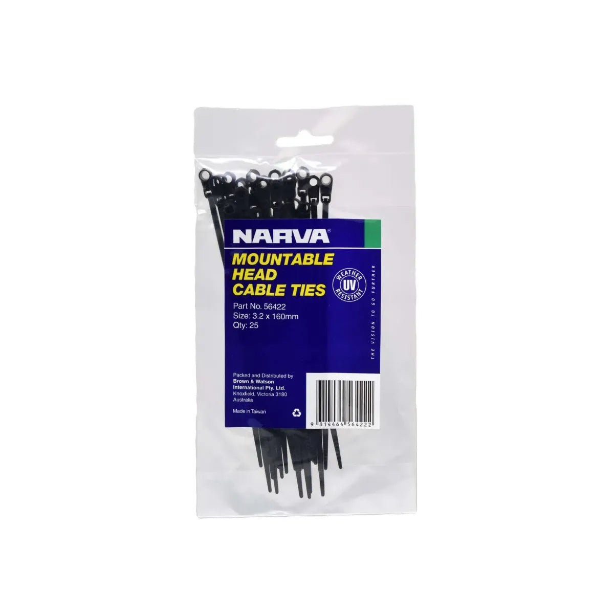 Narva Mountable Head Cable Tie 3.2 x 160mm 25 Pack