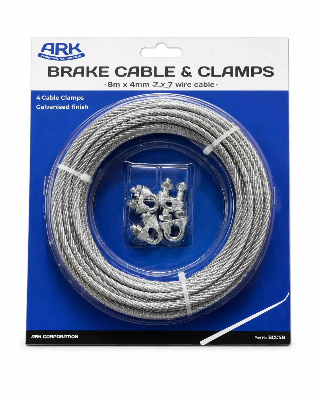 ARK Brake Cable 4mm x 8 Metres Galvanised With Clamps