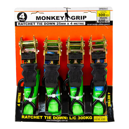 Monkey Grip Ratchet Tie Down 25mm x 4m 300kg 4 Pack