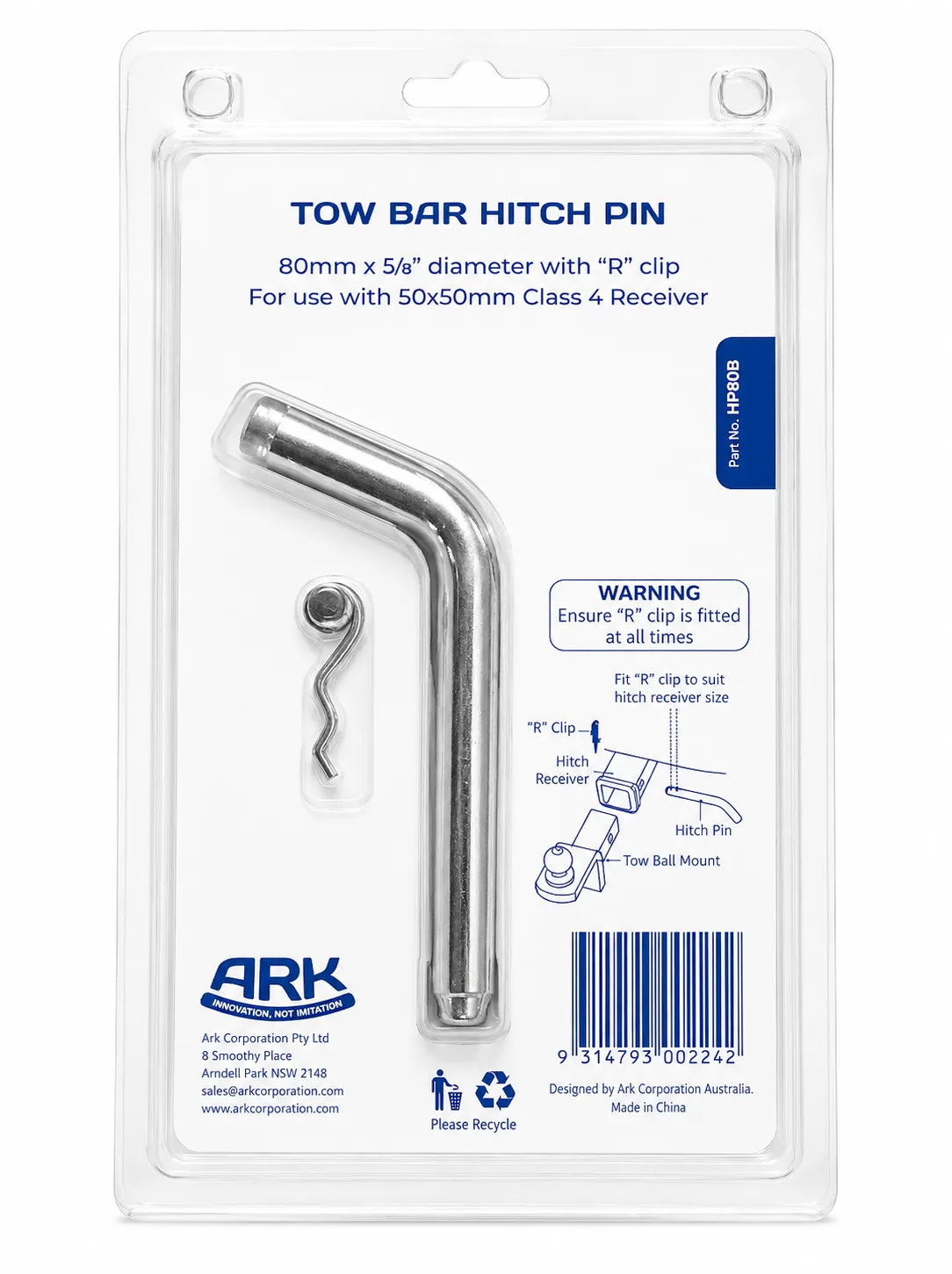 ARK Hitch Pin With R-Clip Suits 50mm Class 4 Receiver