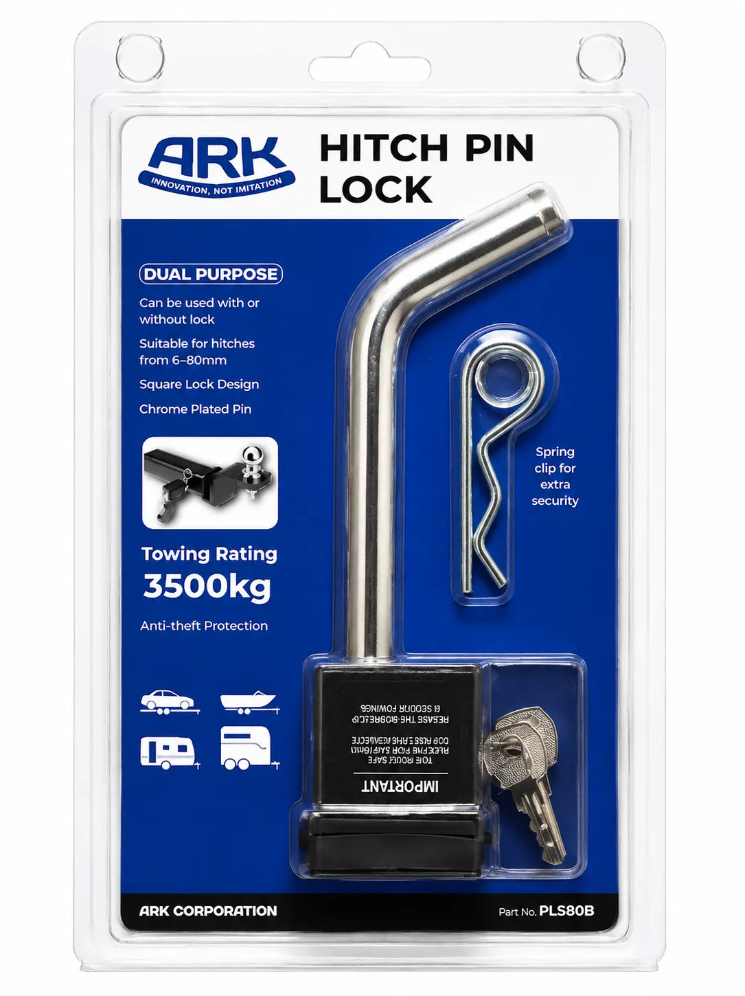 ARK Hitch Pin Lock Square Lock Design Suits 50mm Class 4 Receiver