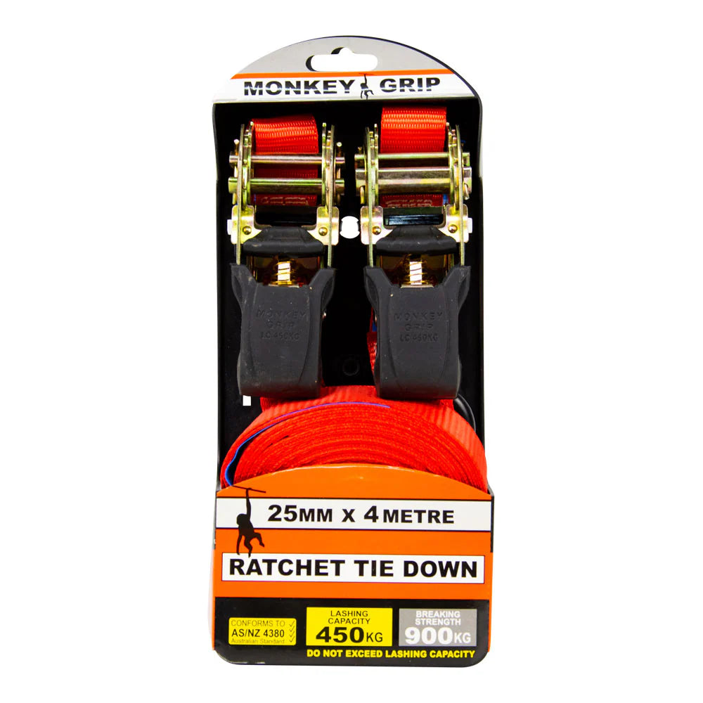 Monkey Grip Ratchet Tie Down 25mm x 4m 450kg 4 Pack